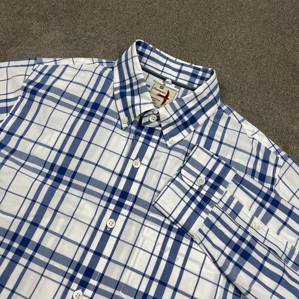 Relwen Mens Small Blue White Plaid Cotton Button Down Long Sleeve Shirt Pocket